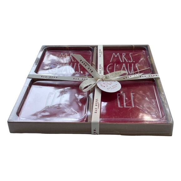 Rae Dunn by Magenta Set of 4 Ceramic Drink Coasters (Red/Mrs Claus/Elf) NWT - Picture 5 of 5